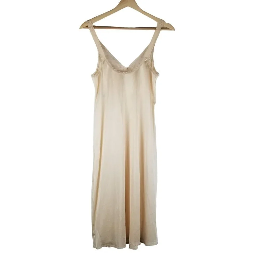 VINTAGE Maidenform Slip Womens Small 4 Beige Lace Midi Satin Dress USA Retro 60s - Picture 2 of 15